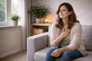 Persoon zit rustig in een therapieruimte en richt de aandacht op lichamelijke sensaties tijdens traumaverwerking en emotionele verwerking.