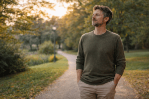 Persoon wandelt rustig door een park in zacht avondlicht na een therapiesessie en straalt ontspanning en mentale helderheid uit