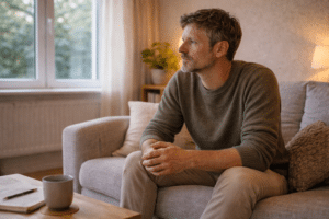 Persoon zit rustig thuis op de bank en reflecteert na een therapieconsult met een kalme en bedachtzame houding