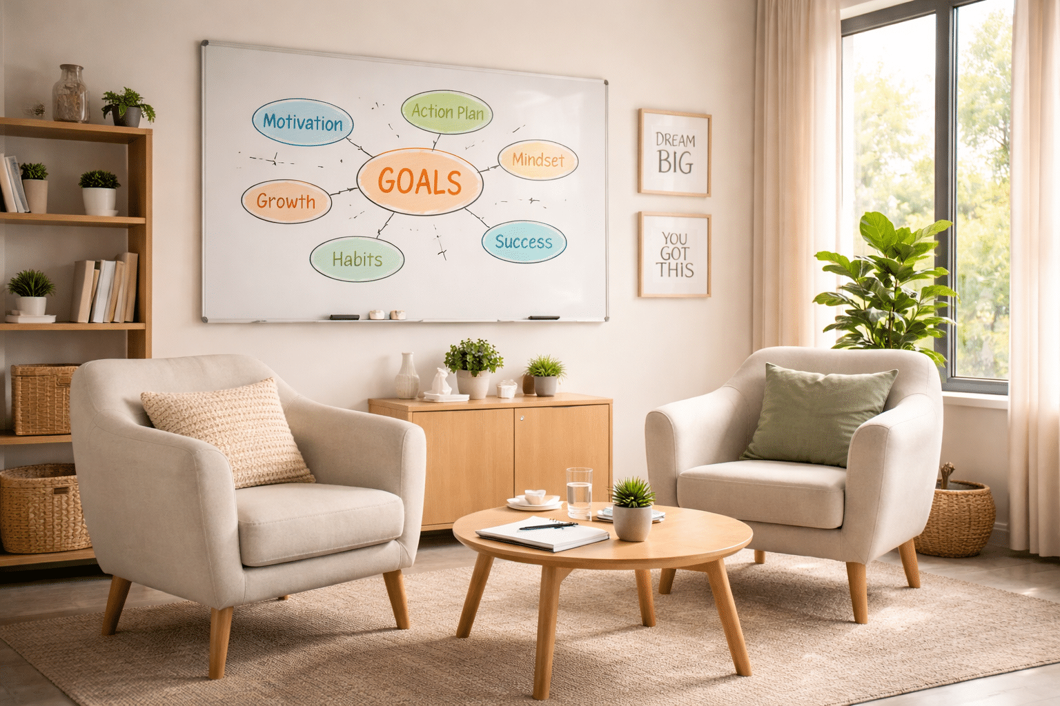 NLP coach ruimte met whiteboard en mindmap