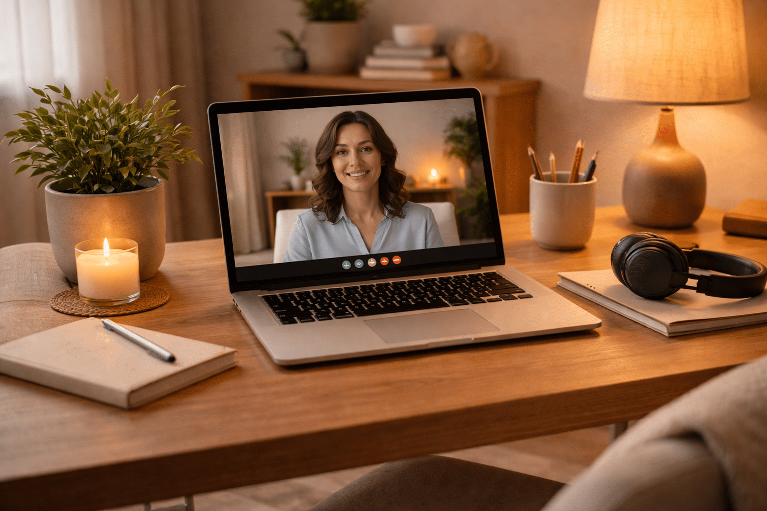 Comfortabele thuiswerkplek voor online therapie sessie