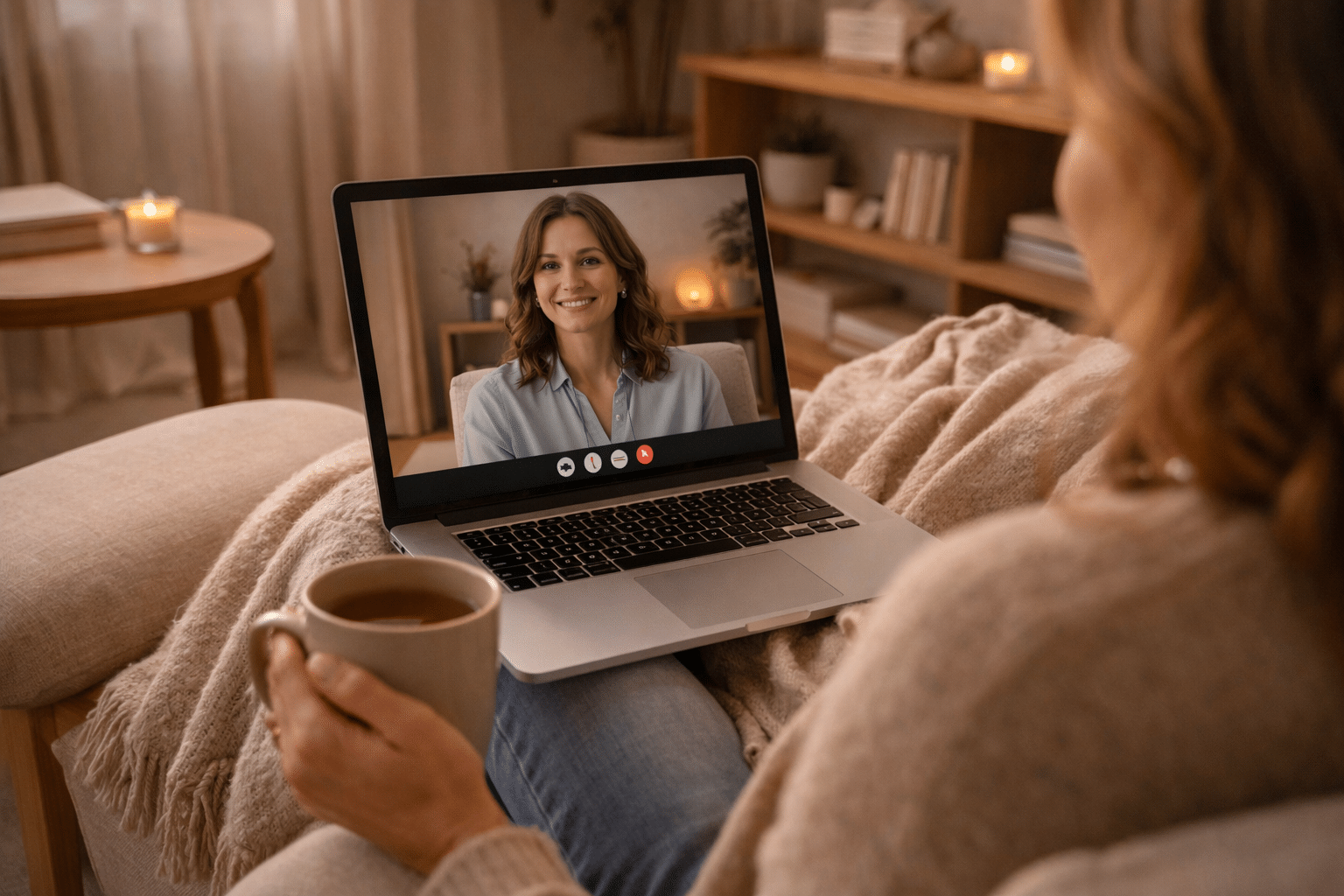 Online therapie sessie via beeldbellen vanuit huis