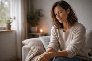 Persoon zit rustig met gesloten ogen op de bank tijdens een moment van reflectie en herstel bij onverklaarbare pijn in een kalme omgeving