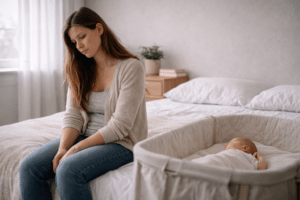 Ouder zit rustig op bed terwijl baby veilig naast hen ligt in een wieg, moment van aanpassing aan het ouderschap