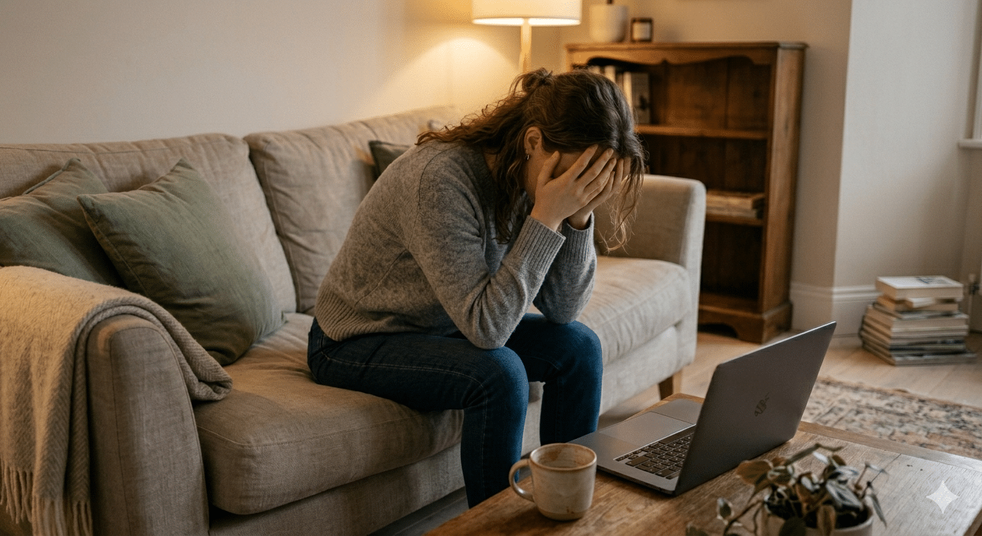 Vrouw op de bank met hoofd in handen door overspanning en uitputting