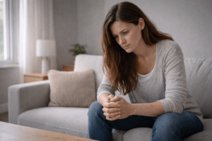 Persoon zit voorovergebogen met handen samen en een gespannen blik, wat emotionele overbelasting en verlies van balans laat zien