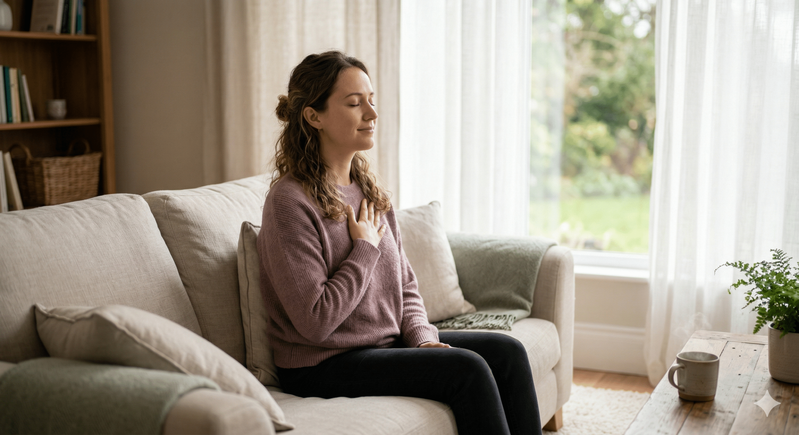 Persoon zit rustig op de bank met hand op borst en neemt een diepe ademhaling na een paniekaanval