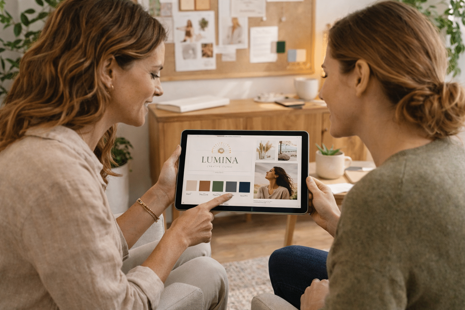 Coach en client bespreken een portfolio tijdens personal branding sessie