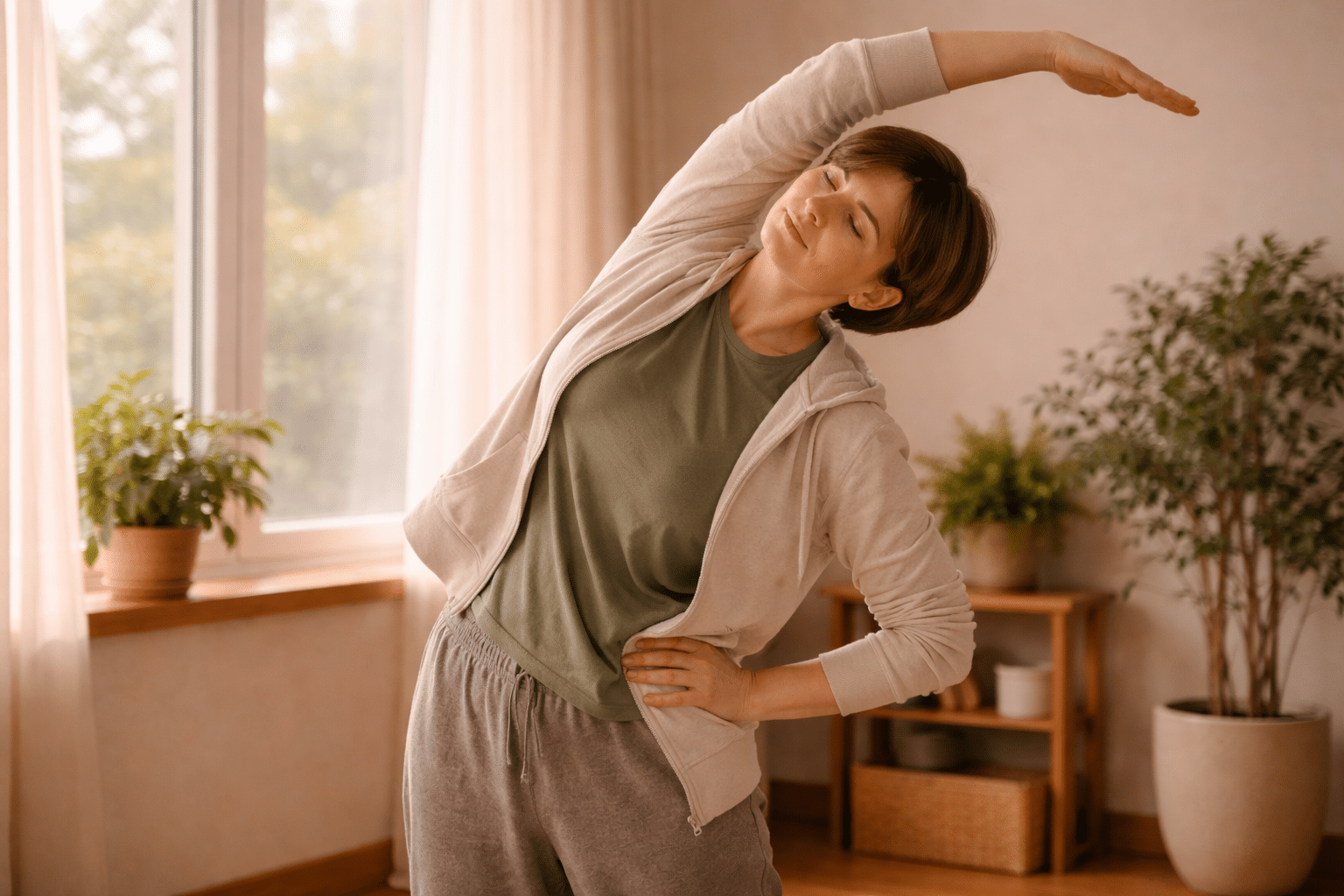 Persoon doet zachte rekoefening in een rustige ruimte met ochtendlicht