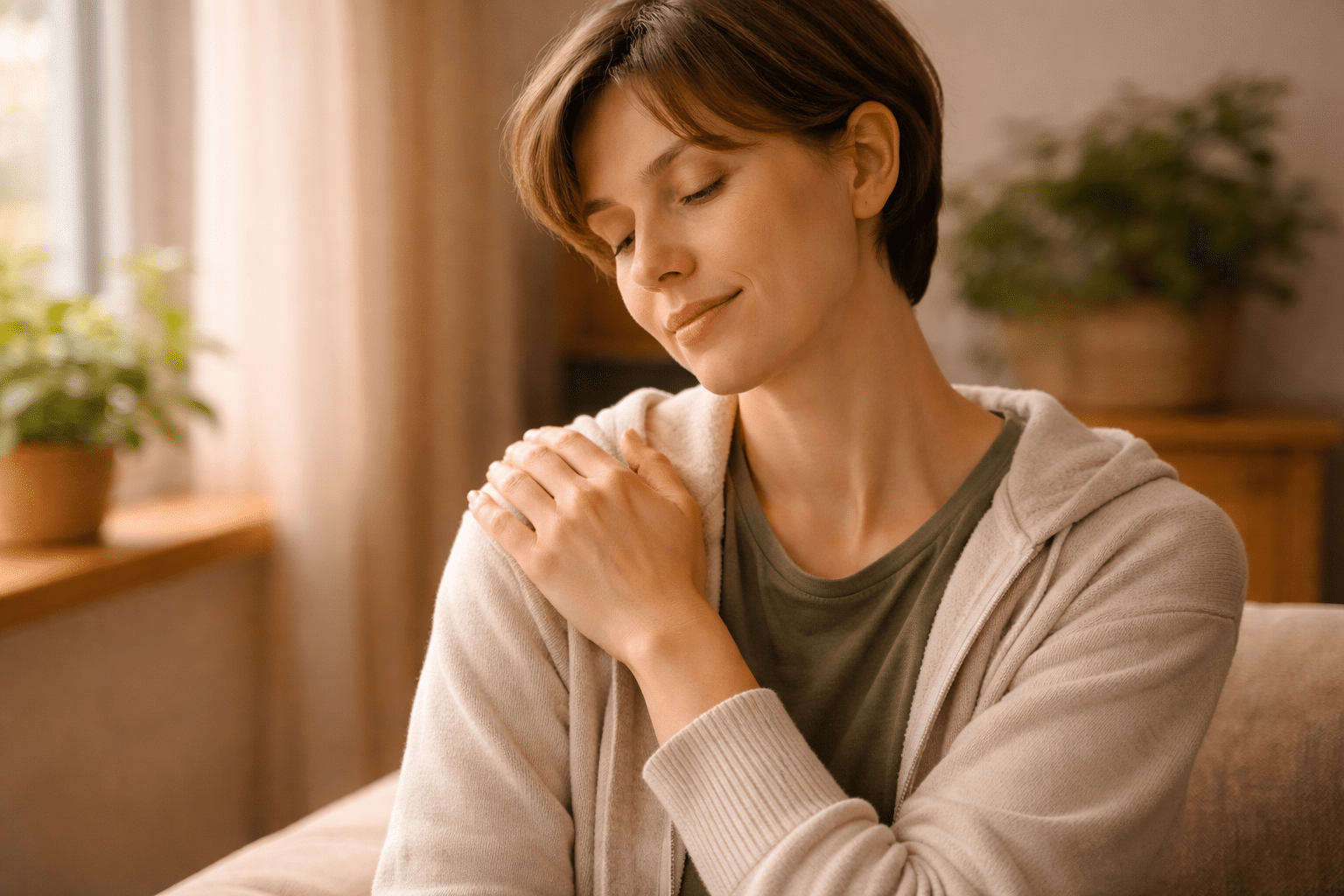 Persoon die zachtjes hand op schouder legt in een warme omgeving met zacht licht