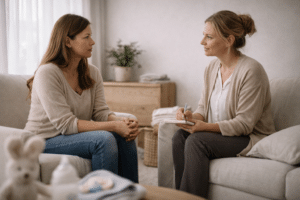 Moeder in gesprek met zorgverlener over postnatale depressie in een rustige en veilige omgeving