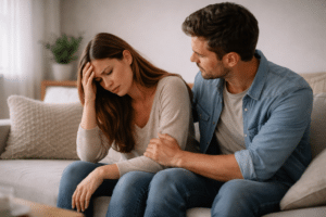 Partner biedt steun aan vrouw met postnatale depressie terwijl zij emotioneel en teruggetrokken op de bank zit