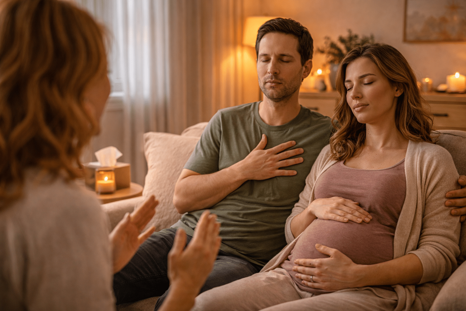 Koppel doet ademhalingsoefening met prenataal coach