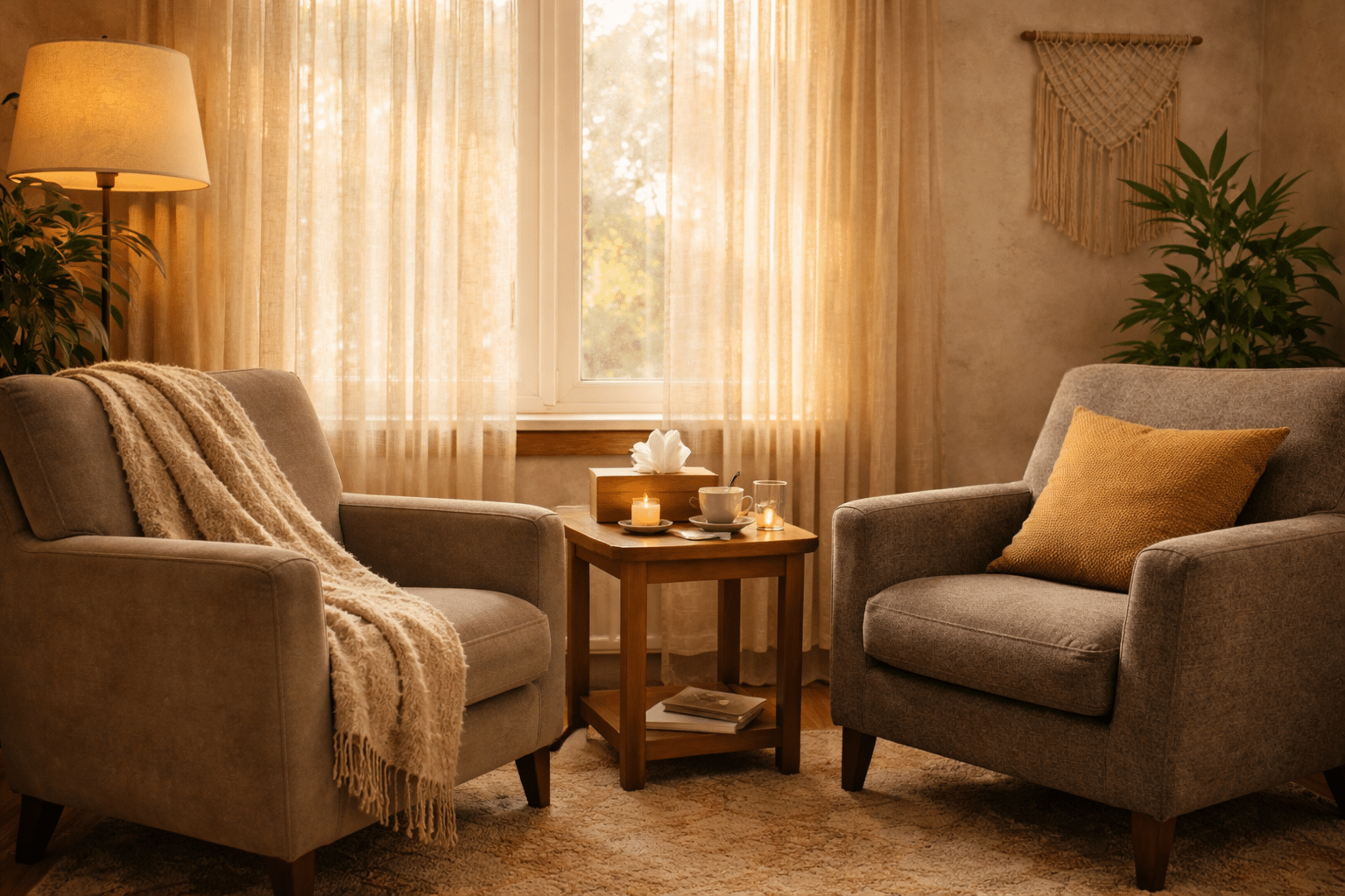 Gezellige en warme therapieruimte van een psychosociaal therapeut