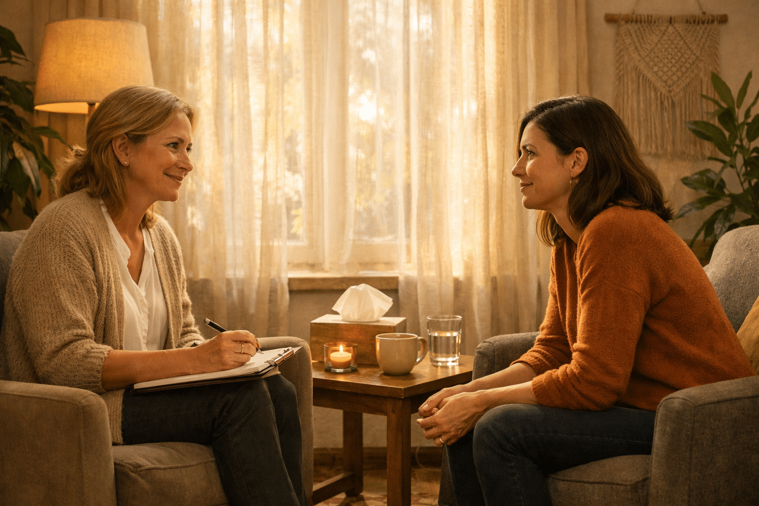 Psychosociaal therapeut in een warm therapiegesprek met een cliënt