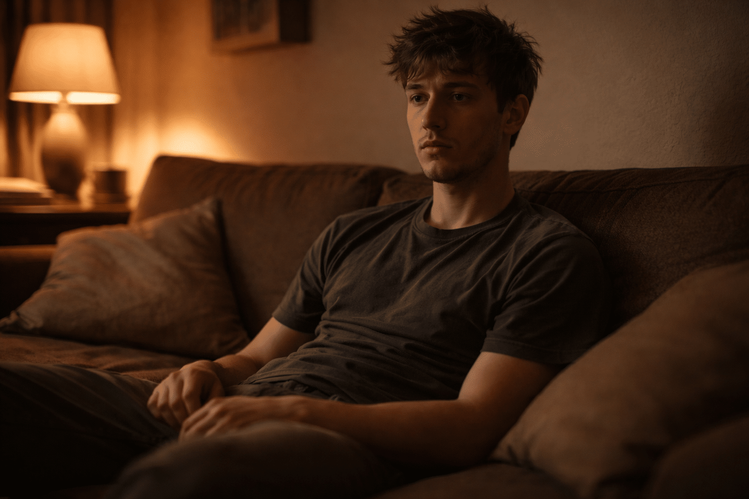 Persoon die afwezig voor zich uit staart als symbool voor emotionele verdoving bij PTSS