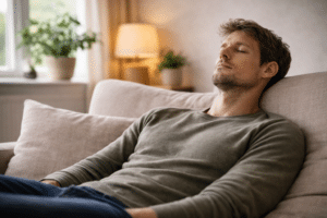 persoon ligt ontspannen met gesloten ogen en rustige ademhaling na therapie als beeld van herstel en regulatie