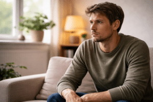 persoon zit gespannen en alert in huiselijke omgeving met gefocuste blik als teken van ptss klachten