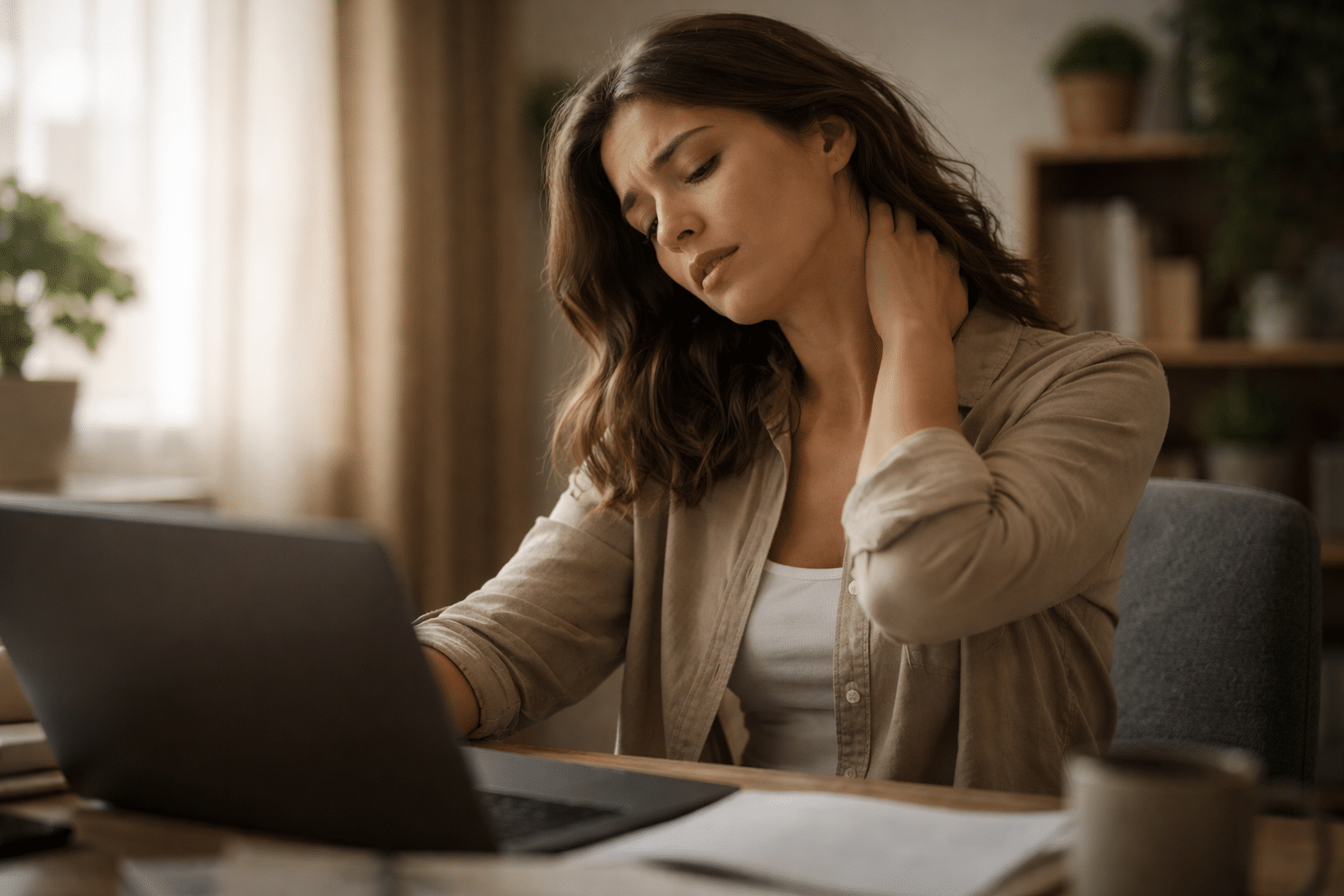 Vermoeide persoon die met de handen over de nek wrijft als symbool voor lichamelijke PTSS klachten