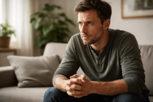 Man zit gespannen op de bank met gefocuste blik en samengeknepen handen, zichtbaar alert en onrustig door stress of traumagerelateerde spanning.