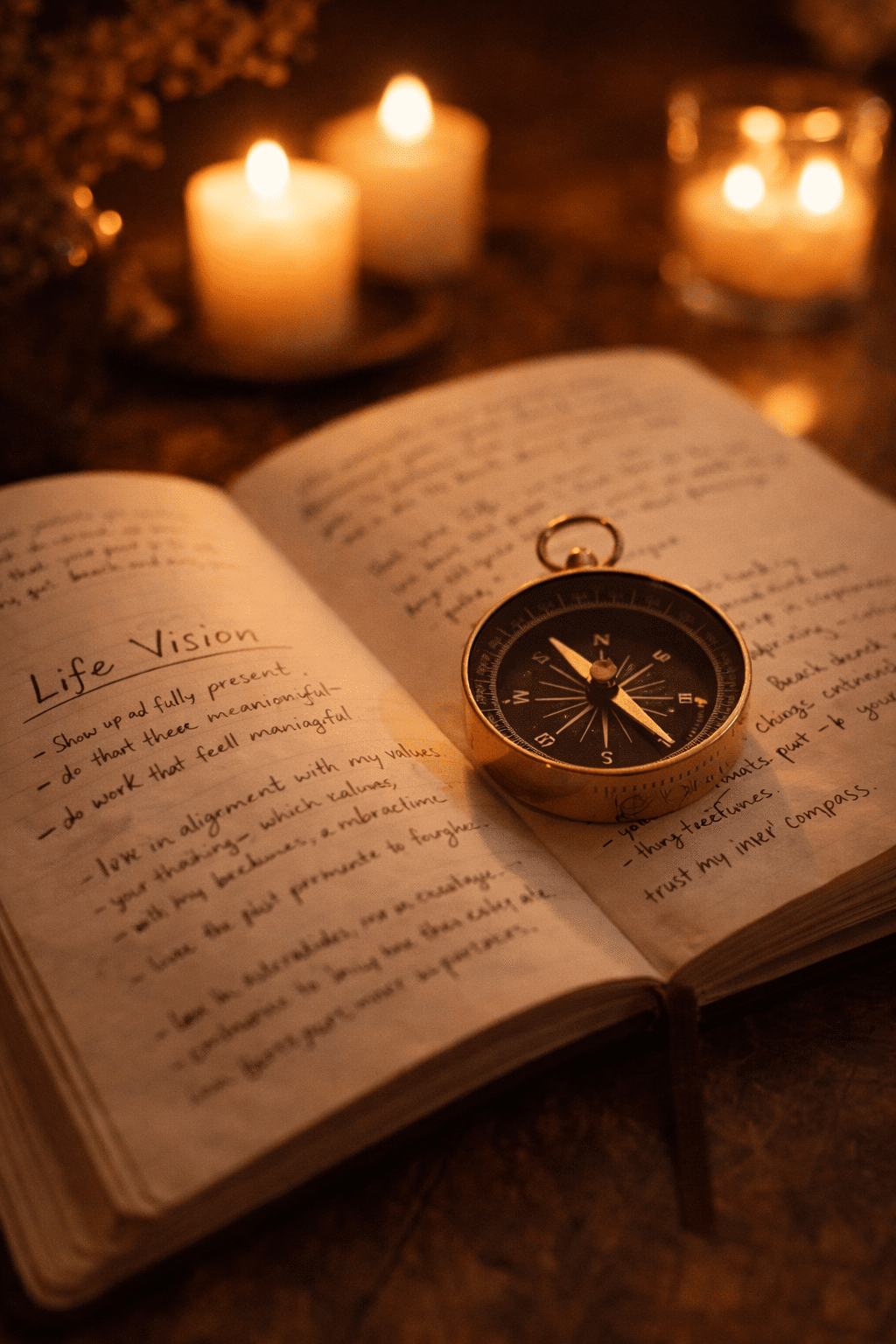 Kompas en dagboek bij kaarslicht als symbool voor richting zoeken