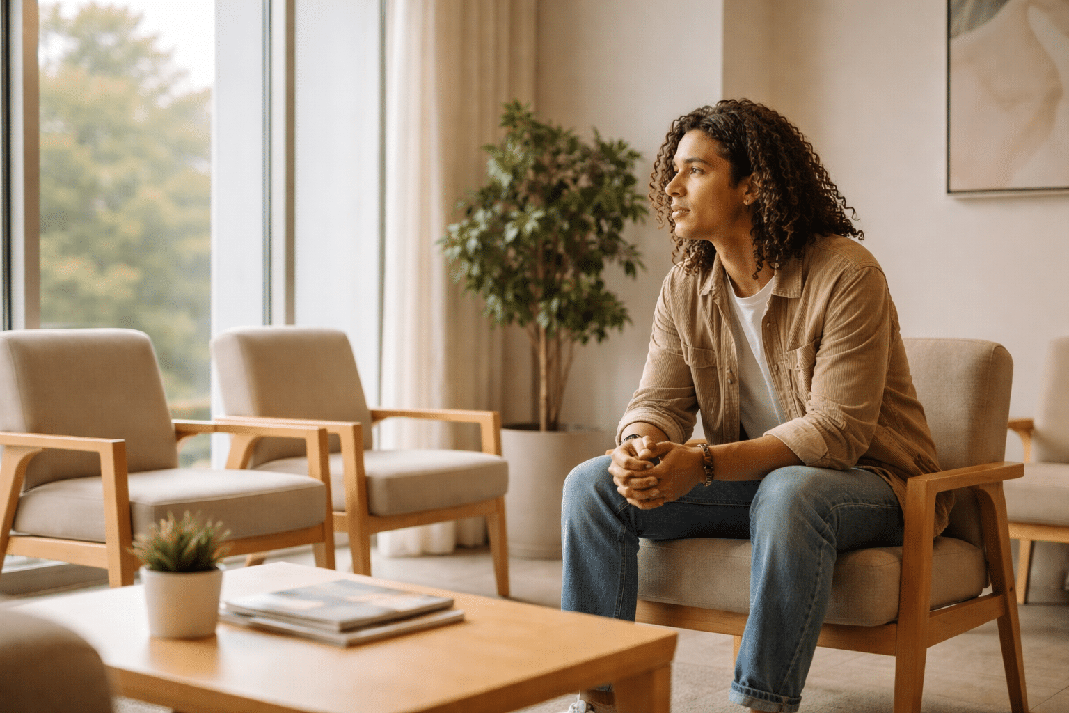 Persoon zit alleen in een moderne wachtkamer en kijkt bedachtzaam naar buiten door een groot raam