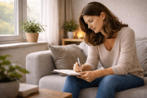Persoon die thuis in een notitieboek schrijft en nadenkt over emotionele ervaringen uit het verleden en persoonlijke verwerking van jeugdtrauma.