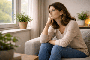 Persoon die thuis bij het raam zit en nadenkt over herinneringen uit de jeugd en emotionele verwerking van trauma.