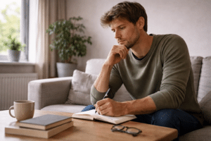 persoon zit thuis en schrijft in een notitieboek terwijl hij nadenkt over keuze tussen coach en psycholoog bij burn out