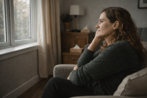 Persoon kijkt rustig uit het raam na een therapiesessie als symbool voor verwerking van trauma.