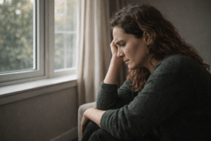 Persoon zit rustig bij het raam en reflecteert op moeilijke herinneringen als symbool voor emotionele verwerking.