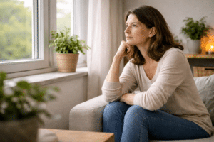 Persoon die rustig bij het raam zit en nadenkt over relatieproblemen en persoonlijke gevoelens vóór relatietherapie.