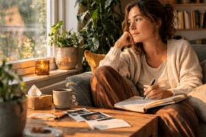 Persoon die thuis bij het raam in een notitieboek schrijft en nadenkt over sociale situaties en gevoelens van sociale angst.