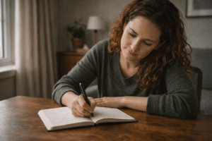 Persoon schrijft reflecties in een notitieboek tijdens het werken aan een positiever zelfbeeld.