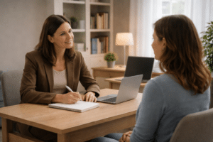 Therapeut en cliënt zitten aan tafel met notities en laptop tijdens een gestructureerde en doelgerichte therapiesessie