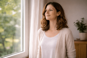 Persoon staat rustig bij een raam na reiki behandeling en ervaart ontspanning en verlichting van angstklachten