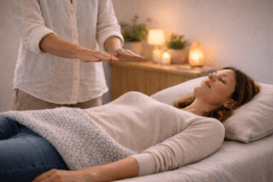 Reiki behandeling bij angst waarbij cliënt ontspannen ligt terwijl behandelaar handen boven lichaam houdt