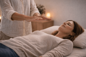 Reiki therapeut houdt handen net boven schouder van ontspannen cliënt tijdens rustige energetische behandeling