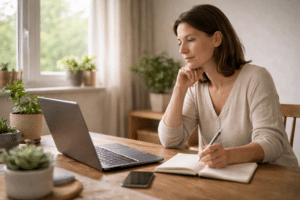 Persoon die thuis op een laptop informatie opzoekt over therapie of reiki behandelingen en aantekeningen maakt over kosten en mogelijkheden.