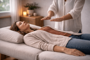 Reiki behandeling tijdens rouw waarbij behandelaar handen boven het lichaam houdt voor zachte emotionele ondersteuning