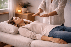 Reiki behandeling gericht op slaapverbetering waarbij cliënt ontspannen ligt terwijl behandelaar handen boven het lichaam houdt