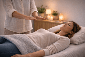 Reiki behandelaar houdt handen boven ontspannen cliënt op behandeltafel tijdens rustgevende stressverlagende sessie