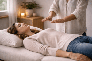 Reiki behandelaar houdt handen boven lichaam van cliënt tijdens rustige sessie gericht op ondersteuning bij traumaverwerking