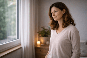Persoon staat rustig bij een raam in zacht daglicht met ontspannen houding en reflectieve blik na een reiki behandeling