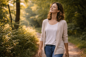 Persoon wandelt rustig door een groene natuurlijke omgeving na een reiki behandeling en straalt ontspanning en innerlijke balans uit