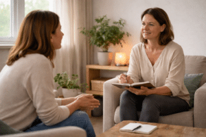 Intakegesprek tussen een therapeut en cliënt in een rustige praktijkruimte waarin zij een eerste consult en behandeling bespreken.