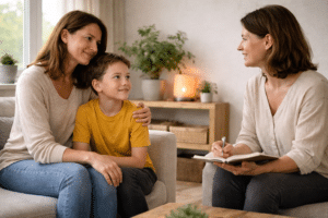 Ouder en kind in gesprek met een therapeut in een rustige praktijkruimte voorafgaand aan een reiki of ontspanningssessie voor kinderen.