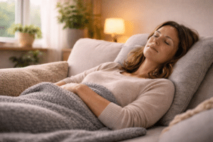 Persoon ligt ontspannen op de bank onder een deken na een reiki behandeling in een rustige huiselijke omgeving