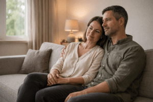 Koppel dat ontspannen samen op de bank zit na een wellness of reiki sessie, moment van rust en verbinding in de relatie.