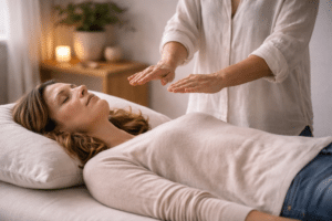 Reiki sessie met behandelaar die handen boven ontspannen cliënt houdt in rustige warme behandelruimte